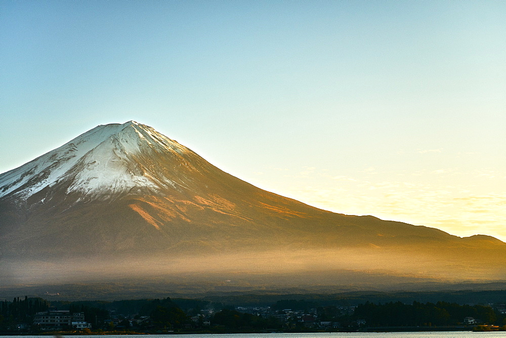 Mount Fuji with a clear blue sky at sunset, UNESCO World Heritage Site, Yamanashi Prefecture, Honshu, Japan, Asia