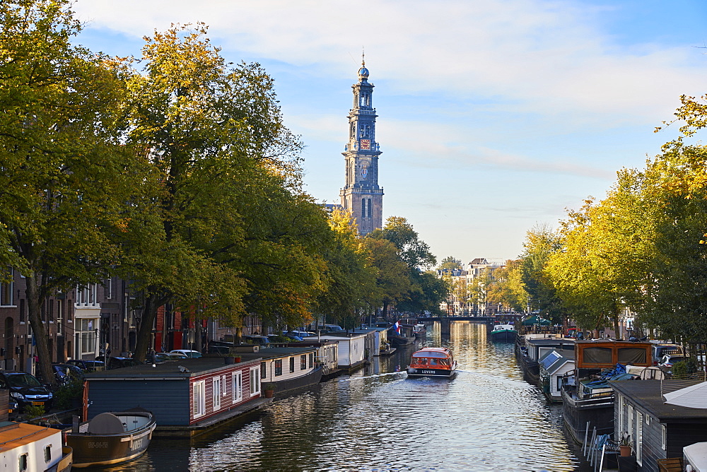 A view down Prinsengracht towards Westerkerk, Amsterdam, North Holland, The Netherlands, Europe