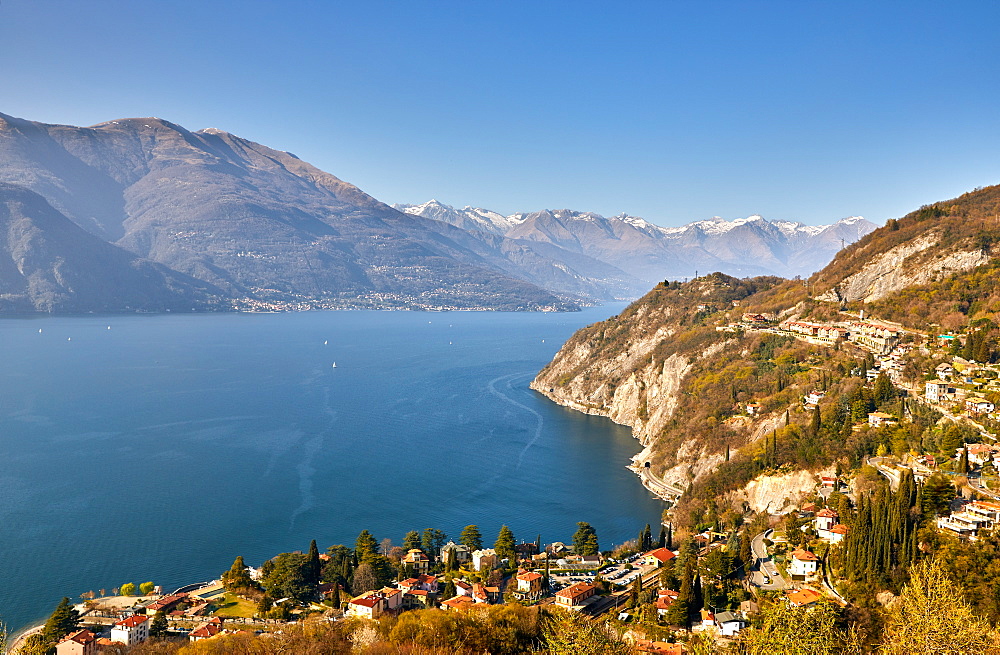 High angle view of Lake Como from Castle Vezio with Varenna and Gittana, Lombardy, Italian Lakes, Italy, Europe