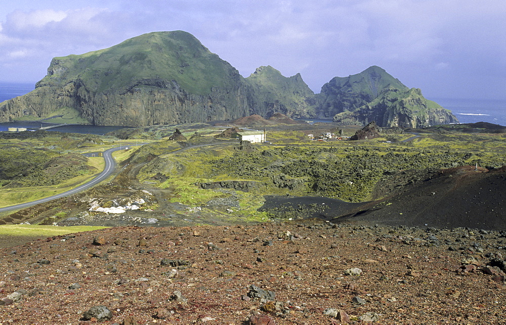 View from the Volcano Eldfell down to the settlement Heimaey. Vestmannaeyjar Islands, Southern Iceland