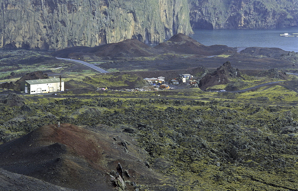 View from the Volcano Eldfell towards the harbour of Heimaey. Vestmannaeyjar Islands, Southern Iceland