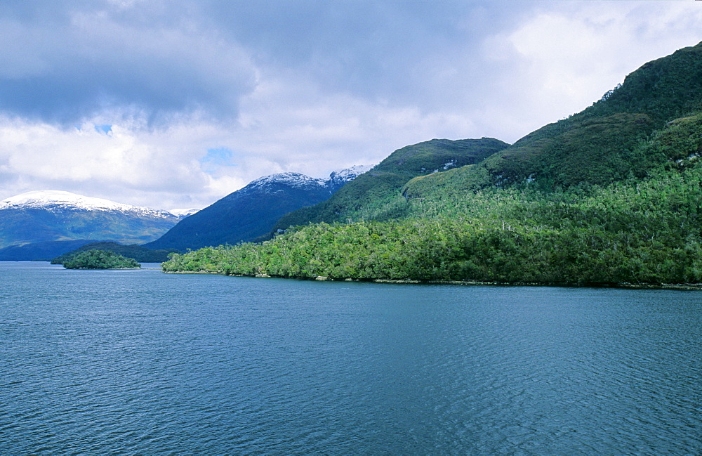 Traveling through the English Narrows or Angostura Inglesa - with Chilean Fjords secenery. Angostura Inglesa closeby Puerto EdÃ©n, Southern Chile