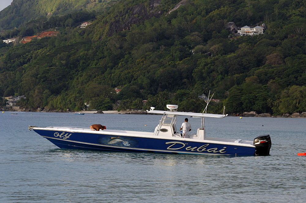 Fast private speed boat, Beau Vallon beach, Mahe, Seychelles, Indian Ocean