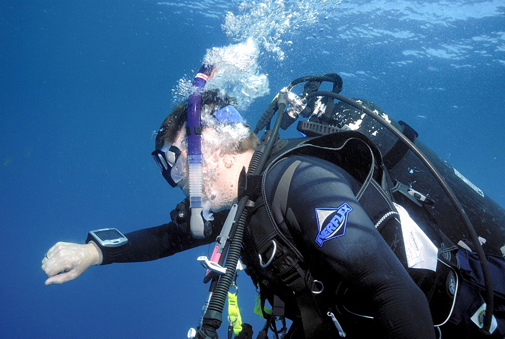 Scuba diver checking computer during safety or decompression  stop, Mahe, Seychelles, Indian Ocean