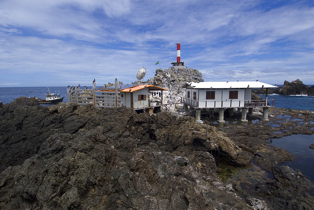 Old and new research stations and lighthouse, St. Peter and St. Paul rocks, Brazil, South America