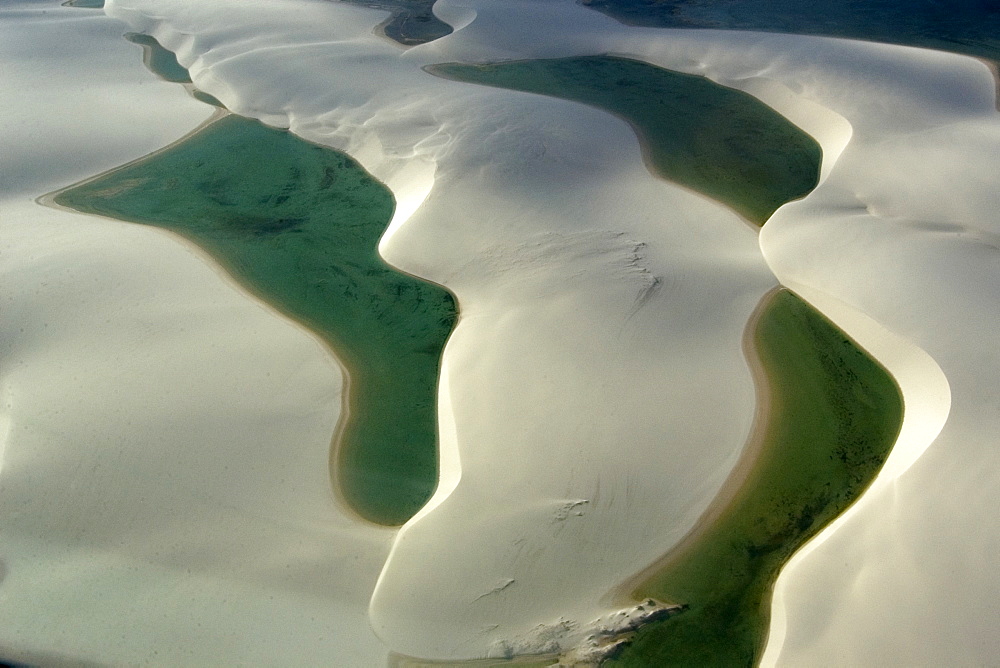 Aerial image of rain ponds in between sand dunes, Lencois Maranhenses, Maranhao, Brazil, South America