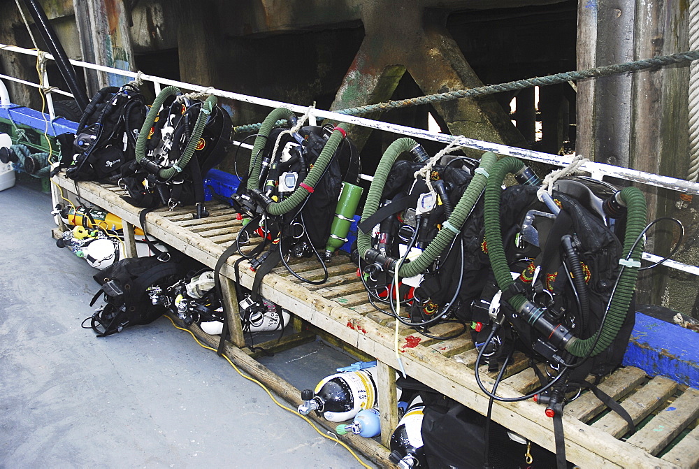 Scuba Diving Equipment on board dive boat, Scapa Flow, Orkney islands, Scotland, UK