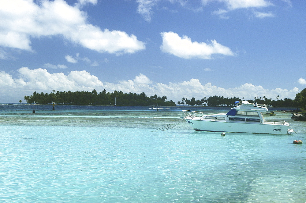 Dive boat at shore with clear blue water, Tahiti, French Polynesia.