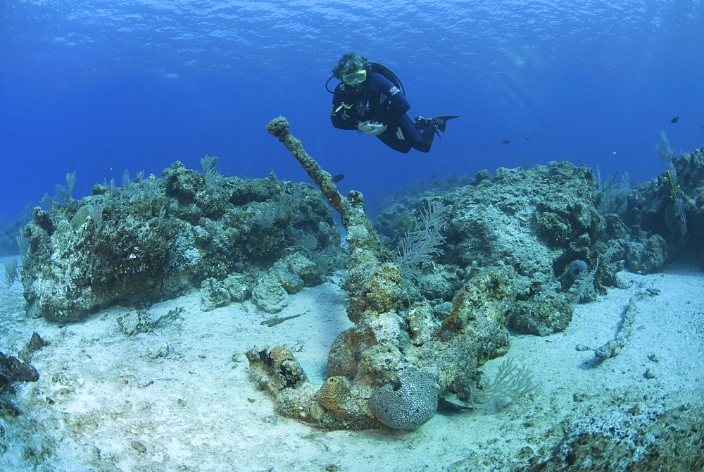 Diver and anchor from undiscovered shipwreck, Maria La Gorda, Cuba, Caribbean