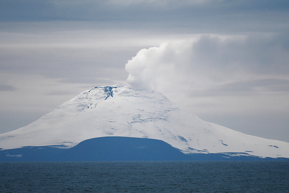 Saunders Island with steam rising from the lava lake, South Sandwich Islands, Polar Regions