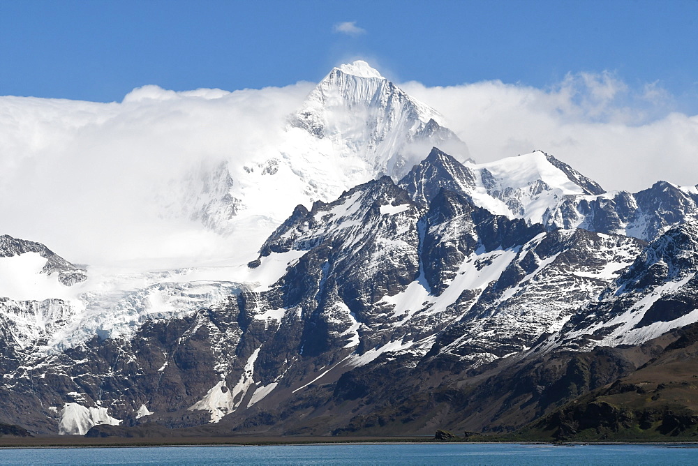 Snow-covered Mount Sugartop in the Allardyce Range, Cumberland East Bay, South Georgia, Polar Regions