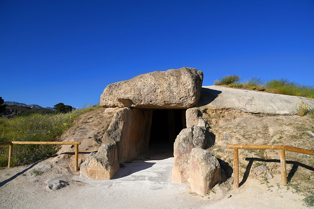 Entrance to the Dolmen de Menga, a Neolithic ritual site and burial chamber, Antequera, Malaga province, Andalusia, Spain, Europe