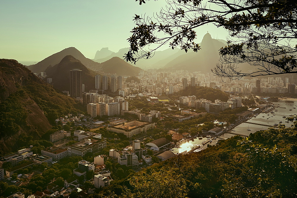 Views of Rio de Janeiro and Christ the Redeemer from Sugarloaf mountain (Pao de Acuca) at sunset, Rio de Janeiro, Brazil, South America