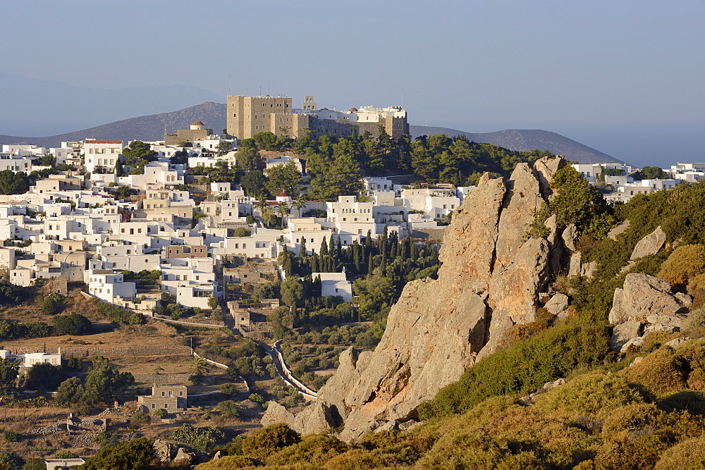 Overview of Chora and the Monastery of St. John the Theologian, UNESCO World Heritage Site, Patmos, Dodecanese Islands, Greek Islands, Greece, Europe