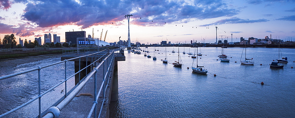 River Thames at sunset and the Emirates Air Line Cable Car, East London, England, United Kingdom, Europe