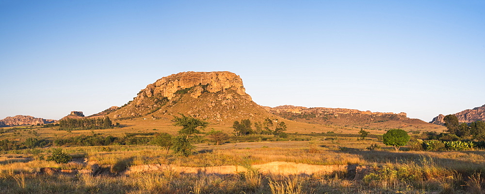 Mountains of Isalo National Park at sunrise, Ihorombe Region, Southwest Madagascar, Africa