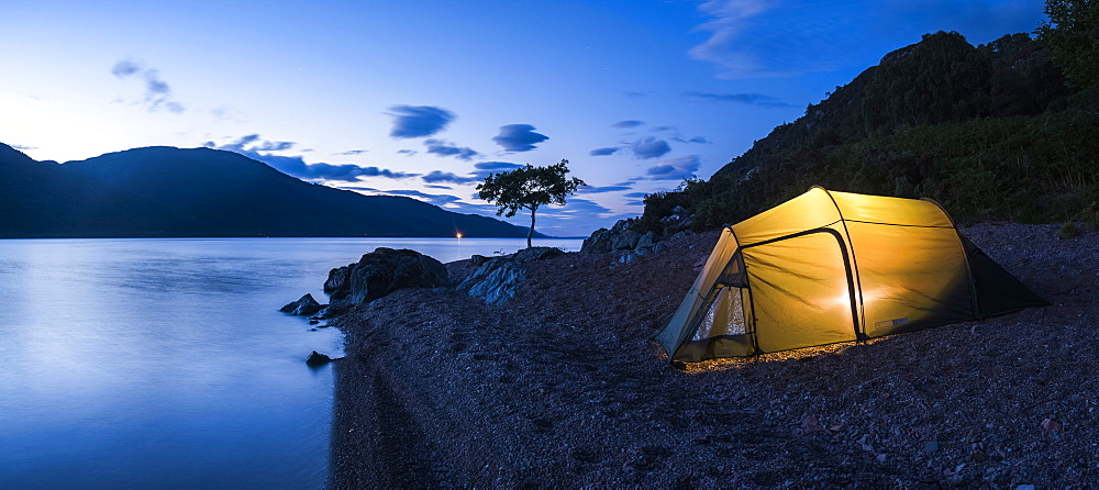 Camping at Loch Ness at night while canoeing the Caledonian Canal, Scottish Highlands, Scotland, United Kingdom, Europe