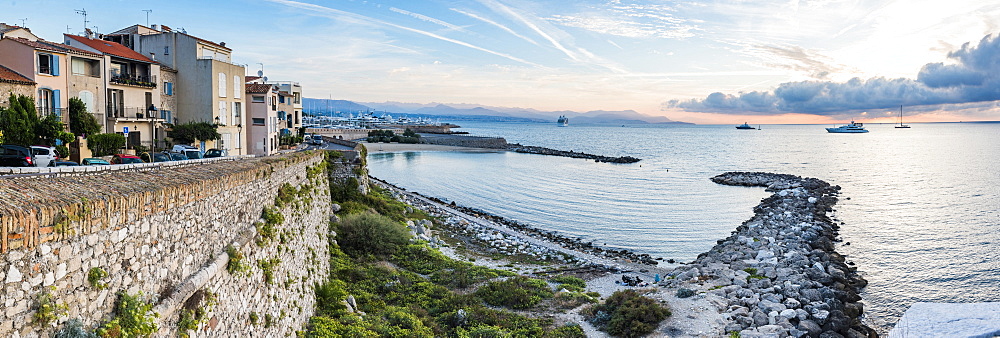 Antibes city walls at sunrise, Provence-Alpes-Cote d'Azur, French Riviera, France, Mediterranean, Europe