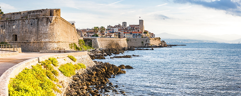 Antibes city walls at sunrise, Provence-Alpes-Cote d'Azur, French Riviera, France, Mediterranean, Europe