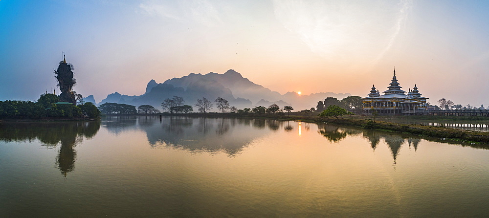 Kyauk Kalap Buddhist Temple in the middle of a lake at sunrise, Hpa An, Kayin State (Karen State), Myanmar (Burma), Asia