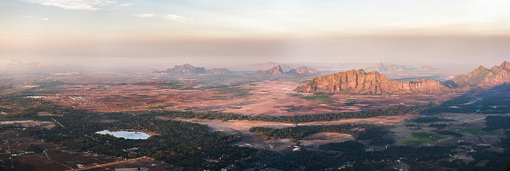 Limestone karst mountains and Thanlwin River, seen from Mount Zwegabin at sunset, Hpa An, Kayin State (Karen State), Myanmar (Burma), Asia