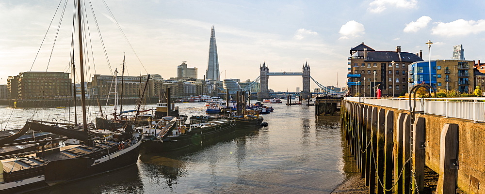 Tower Bridge and The Shard at sunset, seen behind the River Thames, Tower Hamlets, London, England, United Kingdom, Europe