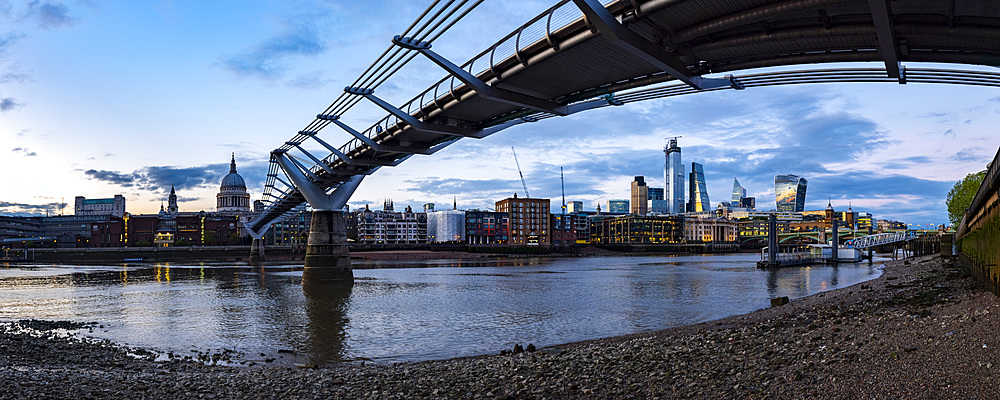 St. Pauls Cathedral, The City of London and Millennium Bridge at night, London, England, United Kingdom, Europe