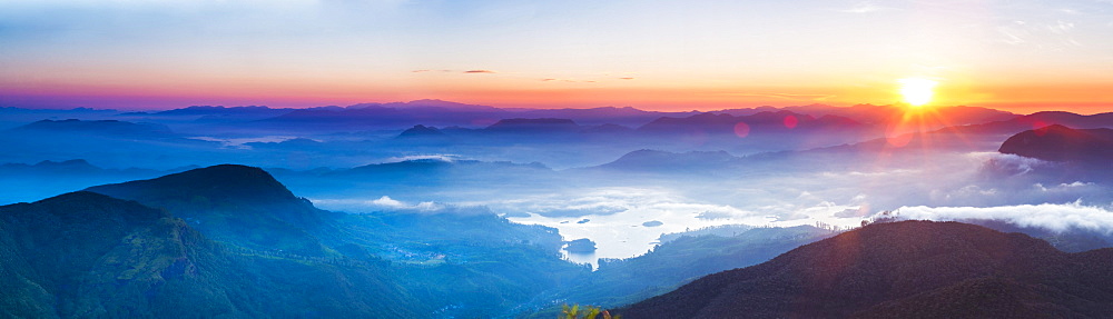 Adams Peak (Sri Pada) view at sunrise, mountains and the Maussakele Reservoir, Central Highlands, Sri Lanka, Asia