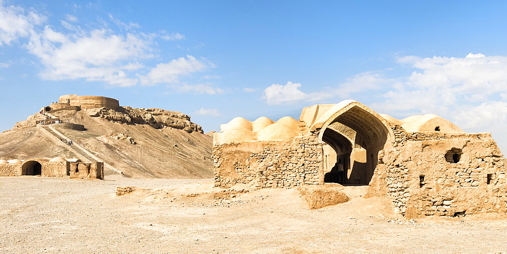 Ruins of ritual buildings in front of Dakhmeh Zoroastrian Tower of Silence, Yazd, Iran, Middle East