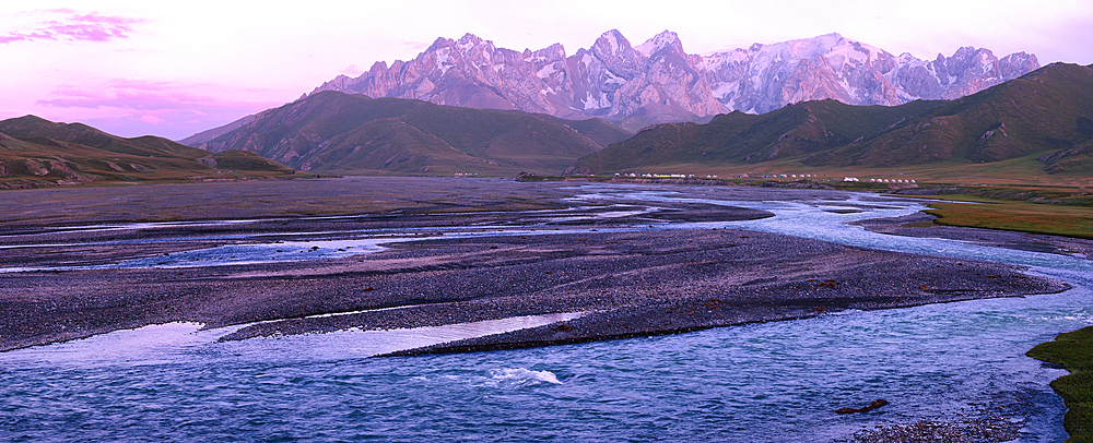 Sunrise over the Central Tian Shan Mountains and glacier river, Kurumduk valley, Naryn province, Kyrgyzstan, Central Asia, Asia