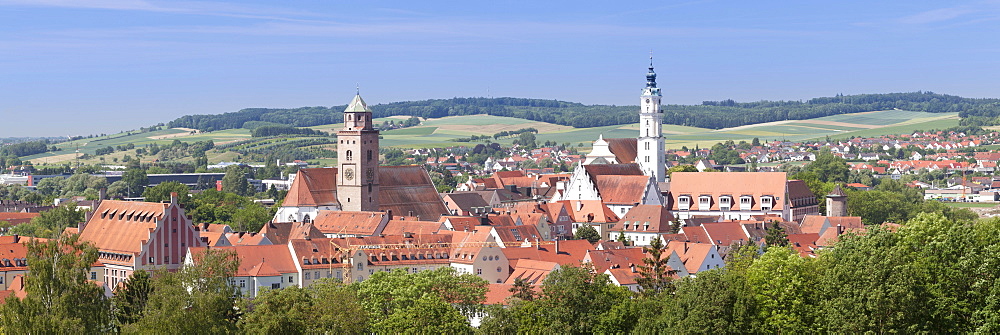 Donauworth with Liebfrauenmunster Church and pilgrimage church Heilig Kreuz, Romantic Road, Bavarian Swabia, Bavaria, Germany, Europe