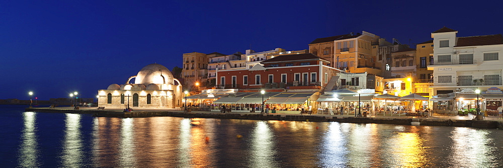 Venetian port and Turkish Mosque Hassan Pascha at the old town of Chania at night, Crete, Greek Islands, Greece, Europe