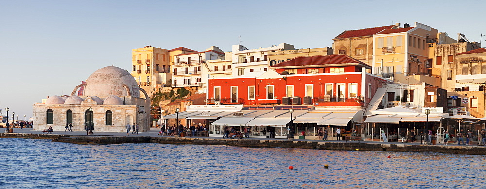 Venetian port and Turkish Mosque Hassan Pascha at the old town of Chania, Crete, Greek Islands, Greece, Europe