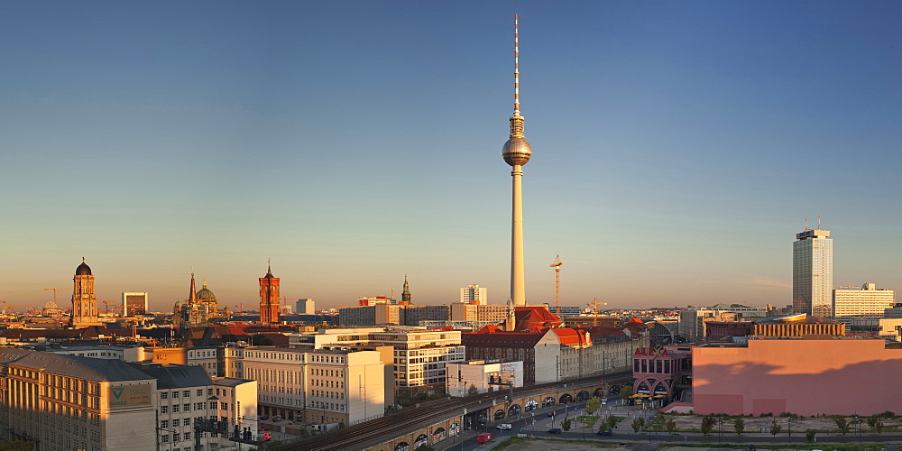 View over Alexanderstrasse to TV Tower, Rotes Rathaus (Red Town Hall), Hotel Park Inn and Alexa shopping center, Berlin, Germany, Europe