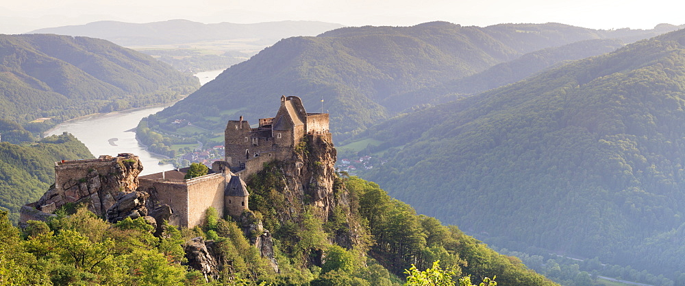 Aggstein Castle Ruin on Danube River at sunset, Cultural Landscape Wachau, UNESCO World Heritage Site, Austria, Europe