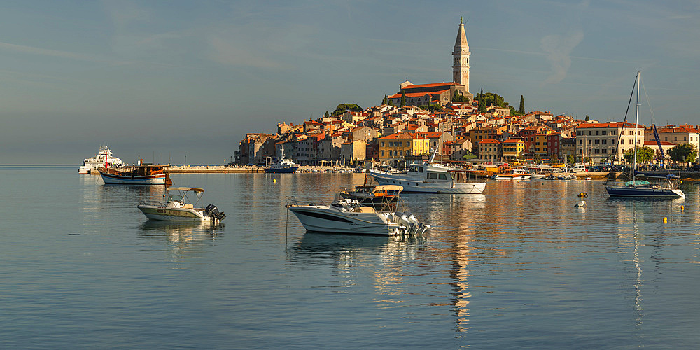 View over the harbour to the old town with Cathedral of St. Euphemia, Rovinj, Istria, Croatia