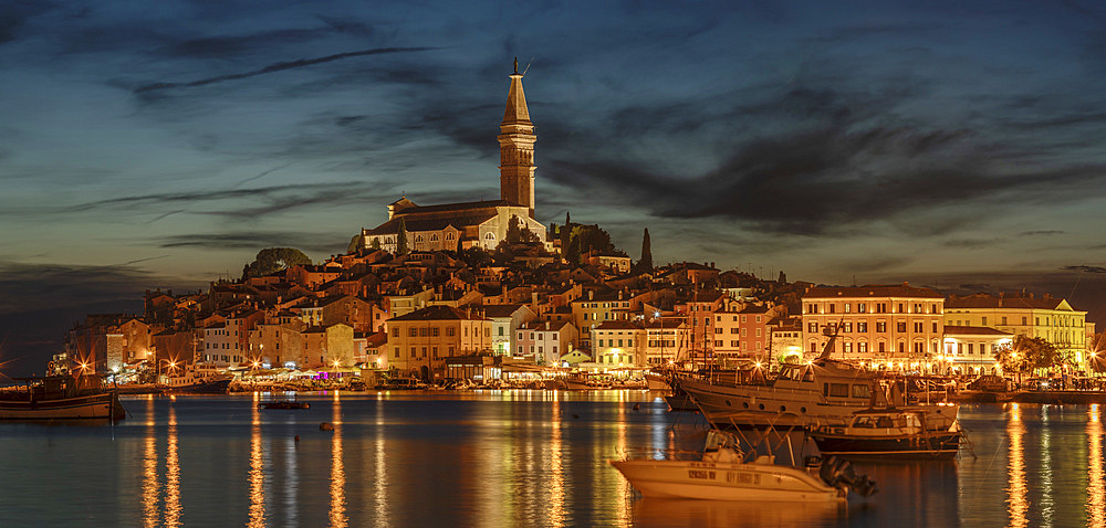 View over the harbour to the old town with Cathedral of St. Euphemia, Rovinj, Istria, Croatia