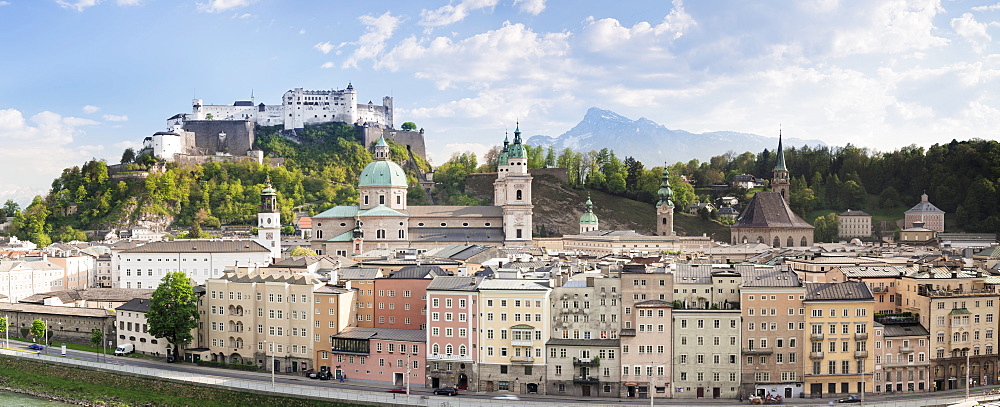 High angle view of the old town with Hohensalzburg Fortress, Dom Cathedral and Kappuzinerkirche Church, UNESCO World Heritage Site, Salzburg, Salzburger Land, Austria, Europe