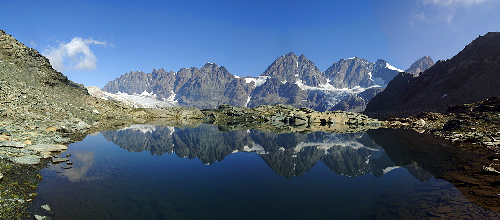 Panorama of Laghetto Forbici and Bernina Group on a summer day, Malenco Valley, Valtellina, Lombardy, Italy, Europe