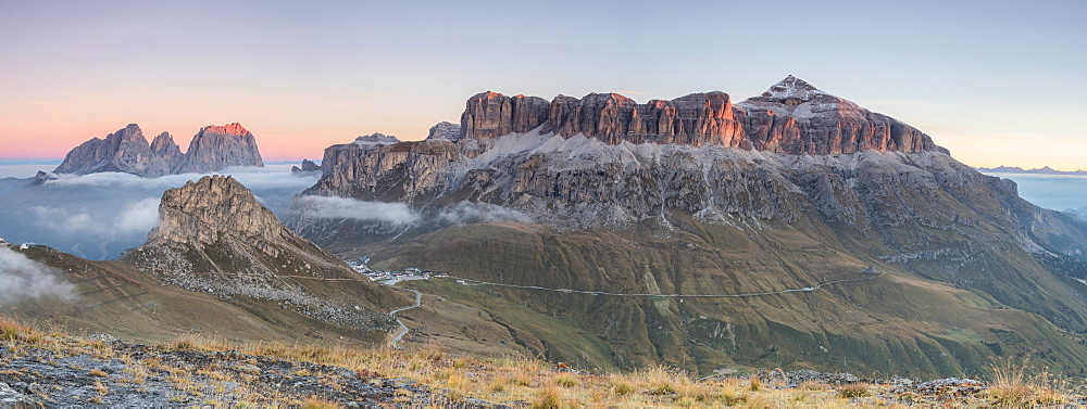 Panorama of Sass Beca Sassolungo and Piz Boa at dawn from Cima Belvedere, Canazei, Val di Fassa, Trentino-Alto Adige, Italy, Europe