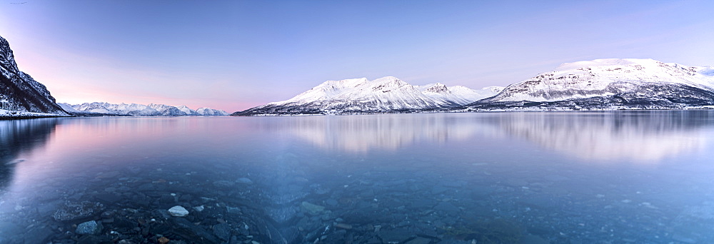 Panorama of pink sky and snowy peaks reflected in the frozen sea at sunset, Manndalen, Kafjord, Lyngen Alps, Troms, Norway, Scandinavia, Europe