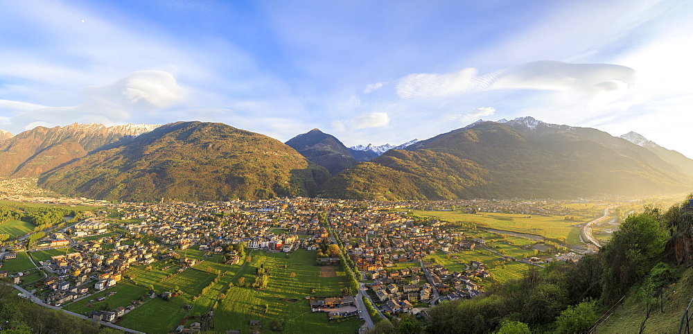 Panorama of the town of Morbegno at sunset, province of Sondrio, Valtellina, Lombardy, Italy, Europe