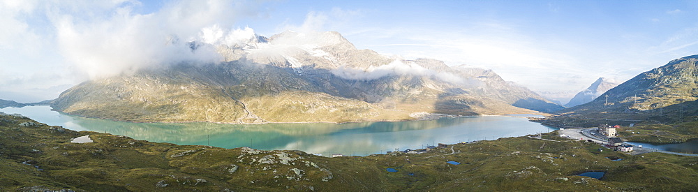 Panoramic of mountain peaks and Lago Bianco, Bernina Pass, Poschiavo Valley, Engadine, Canton of Graubunden, Switzerland, Europe (Drone)