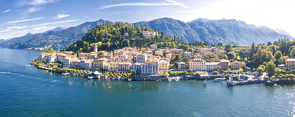 Panoramic aerial view of Bellagio on green promontory on the shore of Lake Como, Province of Como, Lombardy, Italian Lakes, Italy, Europe (Drone)