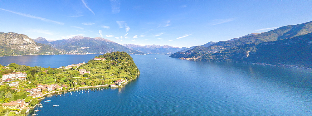 Panoramic aerial view of the village of Pescallo and Lake Como, Bellagio, Province of Como, Lombardy, Italian Lakes, Italy, Europe (Drone)