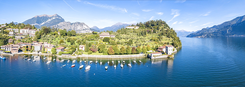 Panoramic aerial view of sailboats in Lake Como around the village of Pescallo, Bellagio, Province of Como, Lombardy, Italian Lakes, Italy, Europe (Drone)