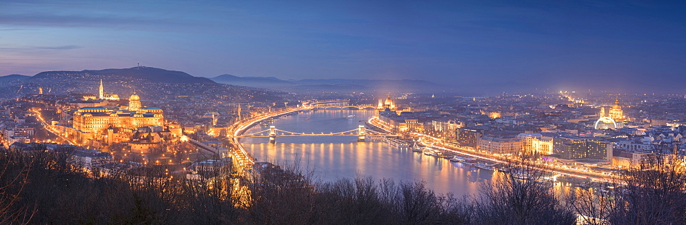 Panoramic of the city at dusk from The Citadel on Gellert Hill, Budapest, Hungary, Europe