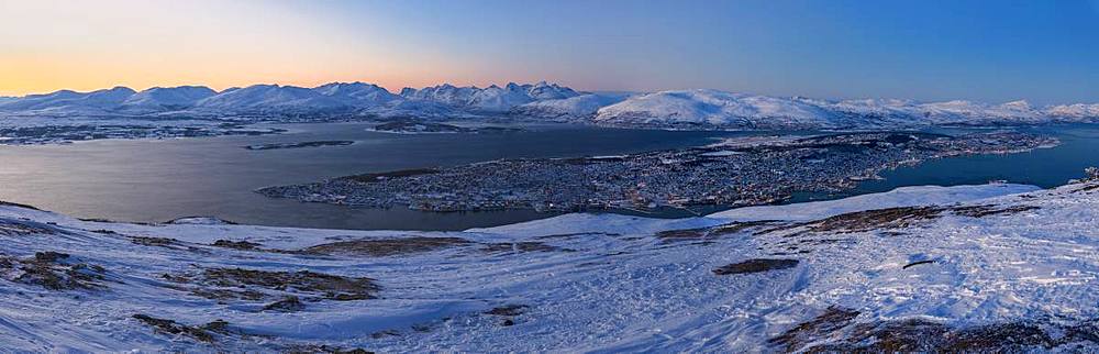 Panoramic of Troms seen from Fjellheisen at dusk, Troms county, Norway, Scandinavia, Europe