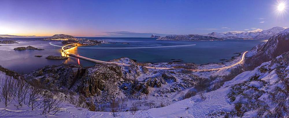 Panoramic of bridge and sea at dusk, Sommaroy island, Troms county, Norway, Scandinavia, Europe