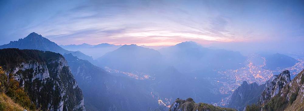 Panoramic view of Lecco, Monte Resegone and Grigna from Monte Coltignone at dawn, Valsassina, Lombardy, Italian Alps, Italy, Europe